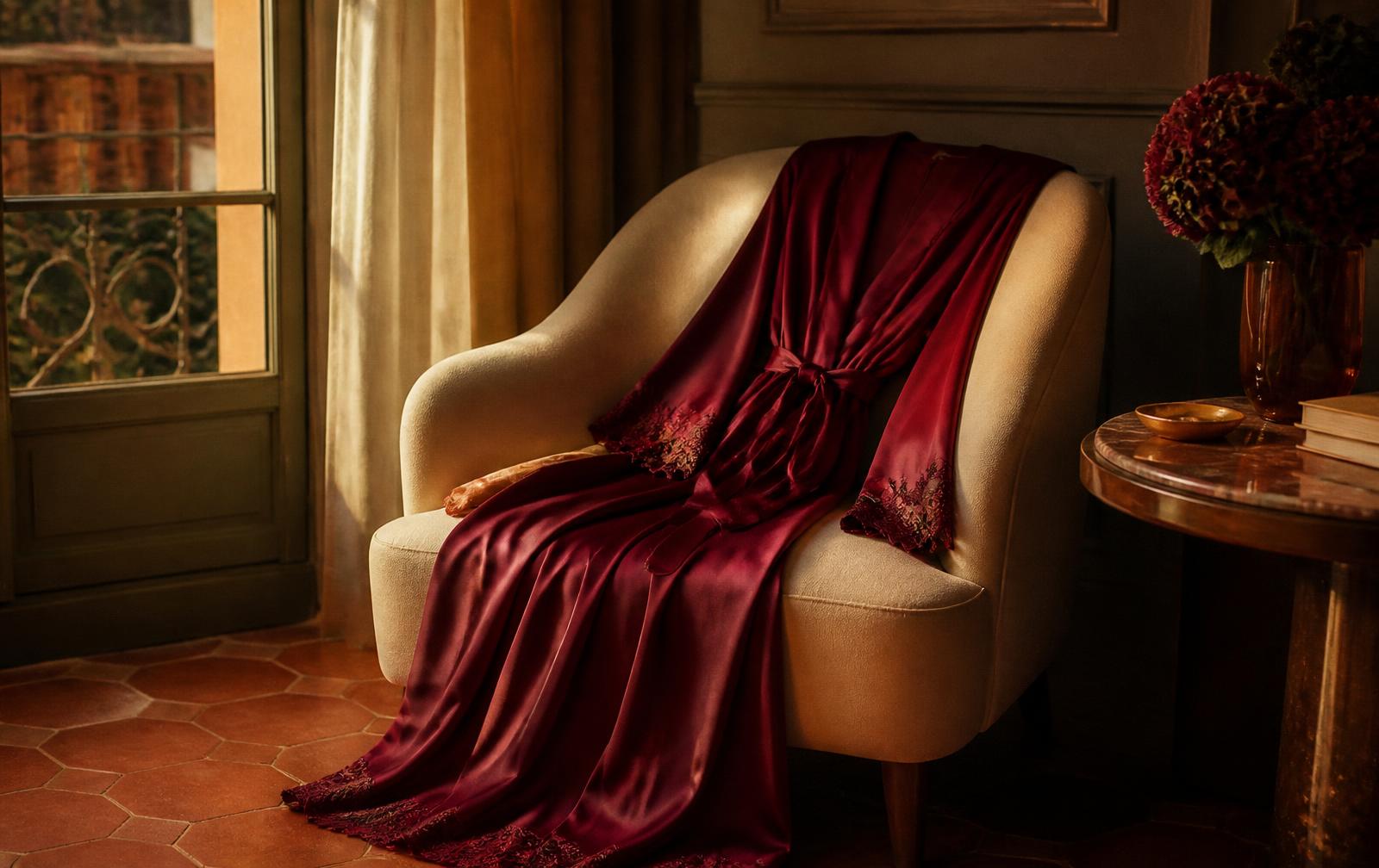Robe de cetim vinho sobre poltrona